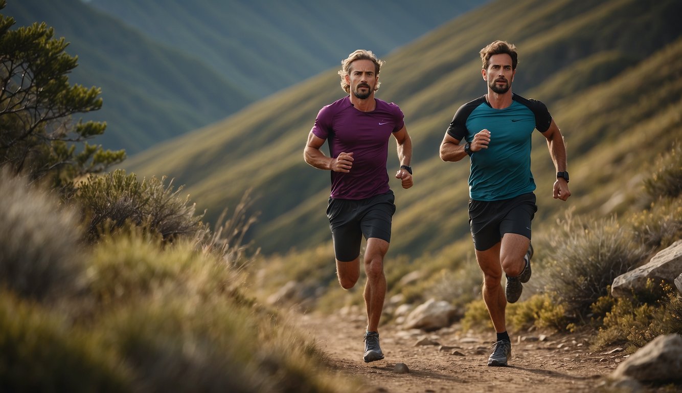 A trail runner maintains a steady cadence, with efficient strides over rugged terrain. The focus is on finding the optimal stride rate for maximum performance