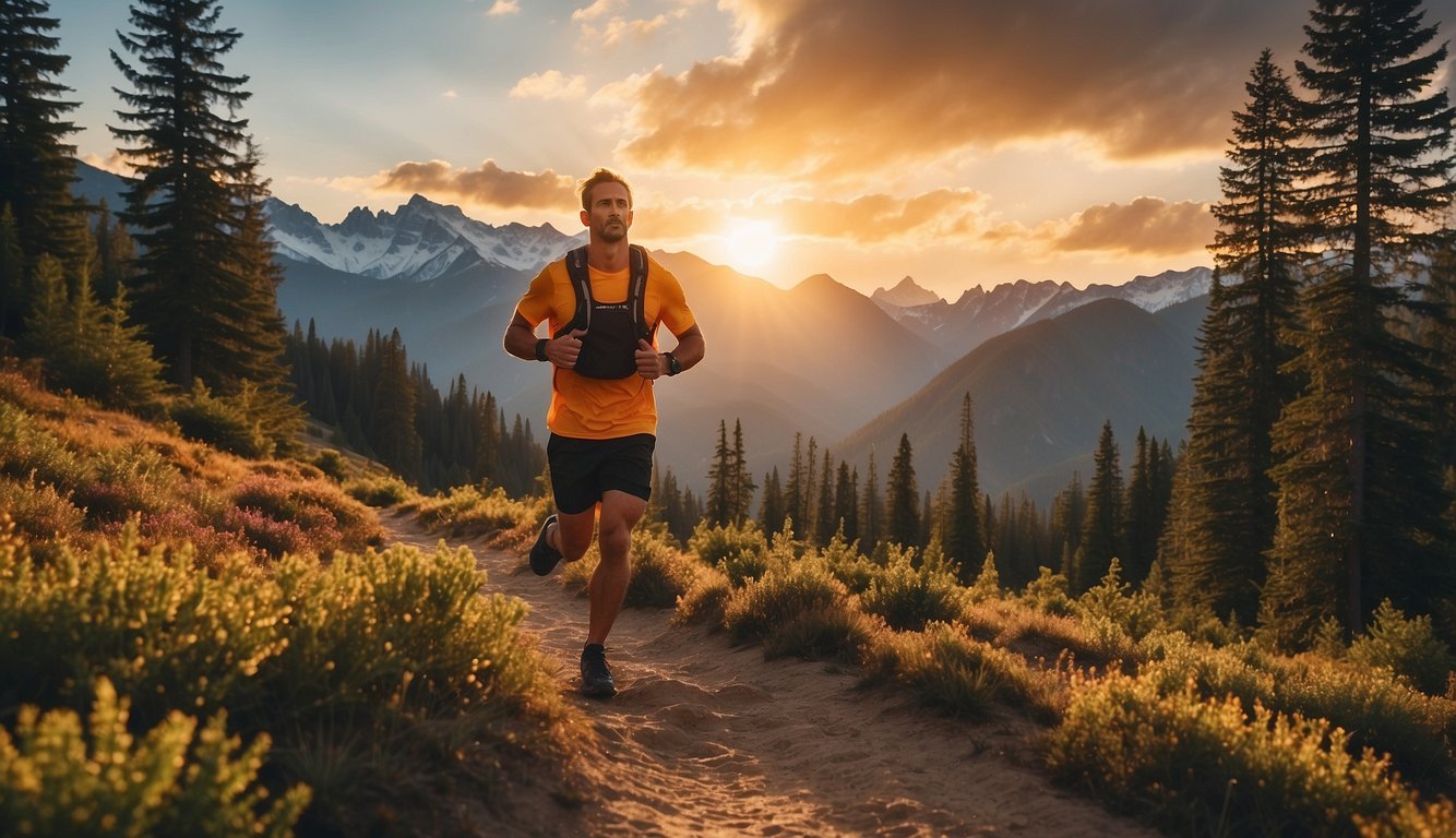 A runner conquers a rugged trail, surrounded by towering trees and majestic mountains, under a colorful sky at sunset