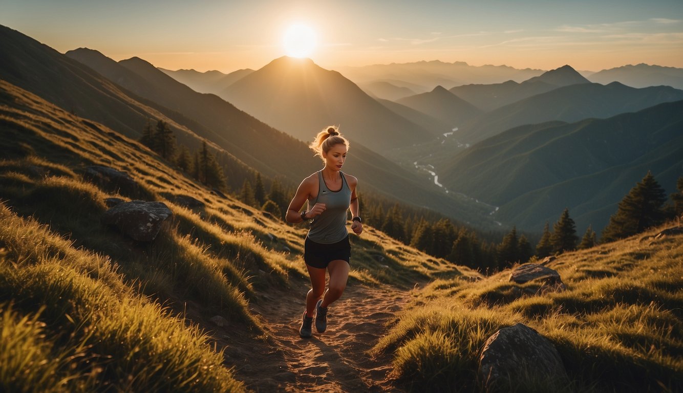 A runner conquers rugged terrain, surrounded by lush forests and towering mountains. The sun sets in the distance, casting a warm glow over the landscape