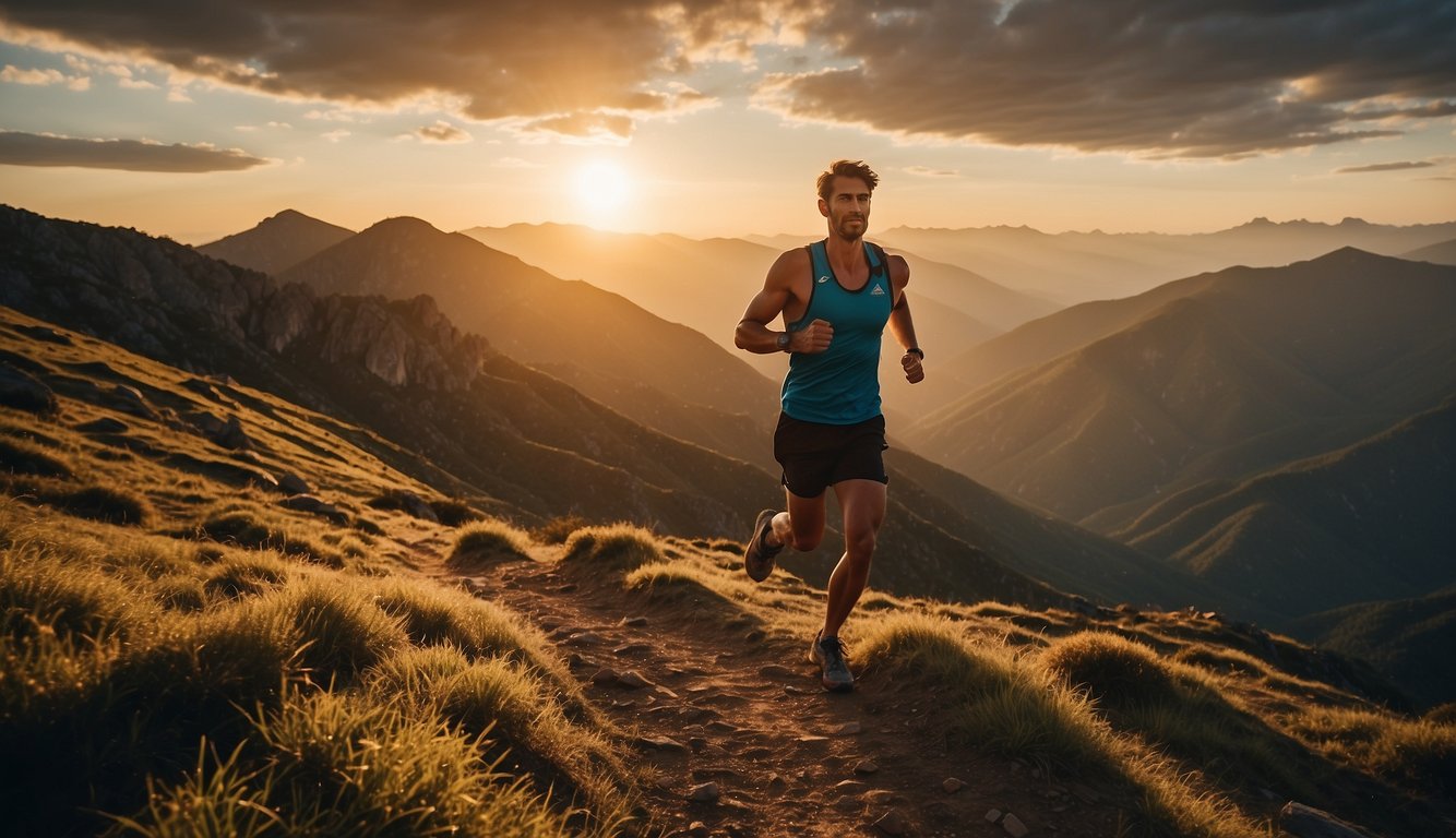 A trail runner conquers rugged terrain, surrounded by majestic mountains and lush forests. The sun sets in the distance, casting a warm glow over the landscape