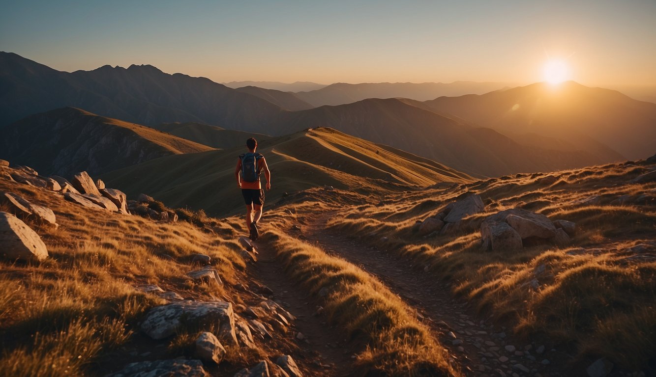 A rugged trail winds through a mountainous landscape, with runners navigating steep inclines and rocky terrain. The sun sets in the distance, casting a warm glow over the challenging path