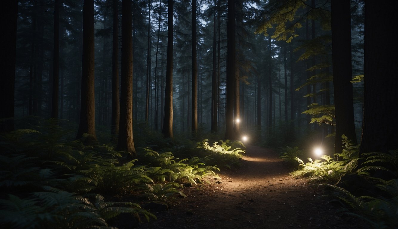 A dark forest trail illuminated by a bright headlamp, casting a beam of light through the trees. Various headlamp models and lighting gear are scattered around, showcasing their features and specifications