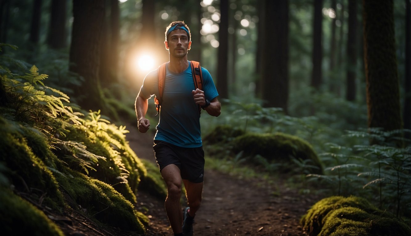 A trail runner's headlamp illuminates the dark forest, casting a beam of light on the winding path ahead. The gear includes a compact, lightweight design with adjustable straps for a secure fit