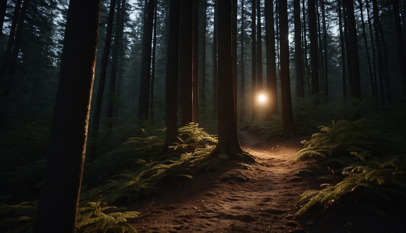 A trail runner's headlamp illuminates the winding path through a dark forest, casting shadows on the trees and lighting up the uneven terrain