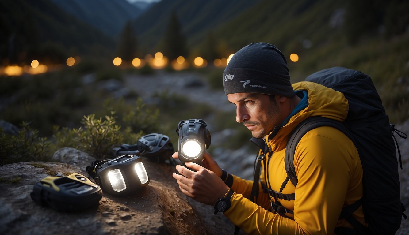 A trail runner adjusts a headlamp, surrounded by various models of headlamps and lighting gear