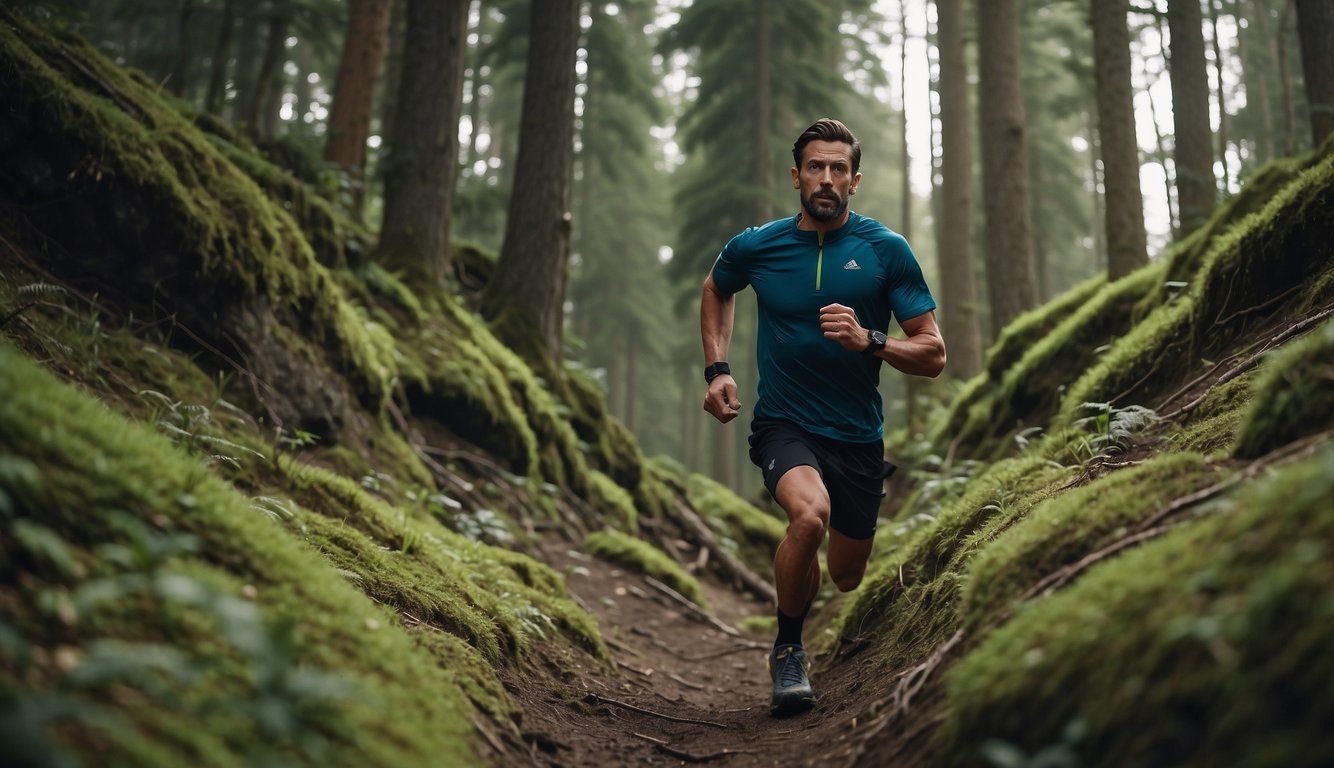 A trail runner pushing through a steep incline, surrounded by dense forest. Determination evident in their posture as they conquer a plateau, symbolizing the mental toughness needed to keep improving