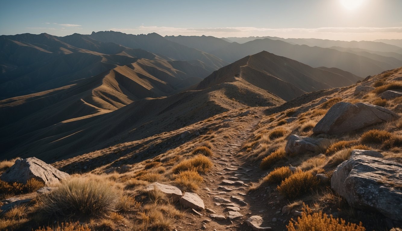 A trail winds through rugged terrain, leading to a plateau. Erosion and tectonic activity have sculpted the landscape, creating a dramatic and challenging environment for trail runners