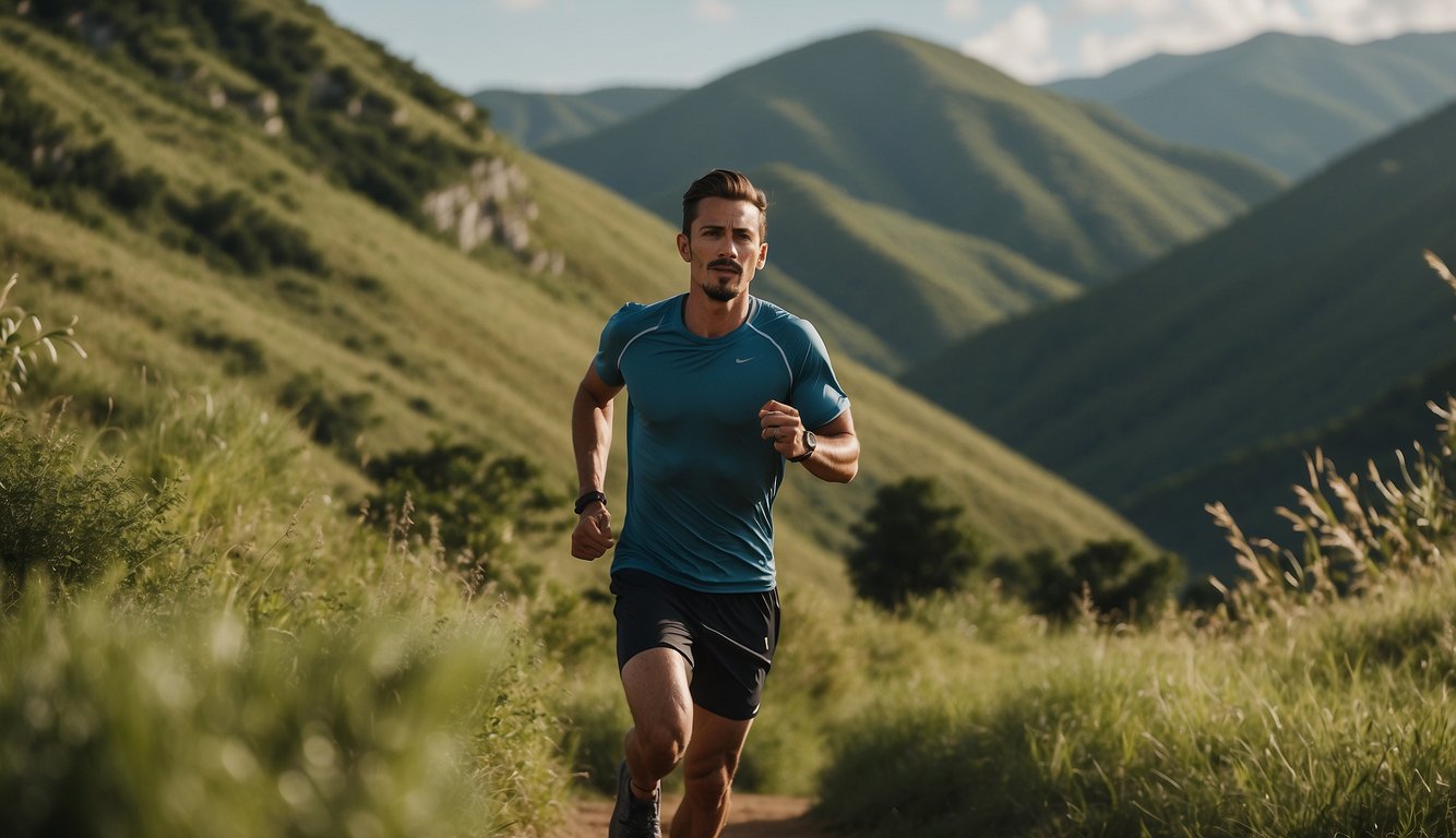 A runner navigates a scenic trail, surrounded by lush greenery and rolling hills, while taking care to avoid uneven terrain and rocky surfaces