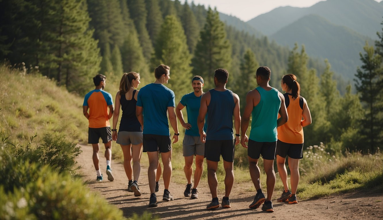 A group of runners gather at a trailhead, chatting and stretching before embarking on a run. The surrounding landscape is lush and inviting, with winding trails leading into the distance