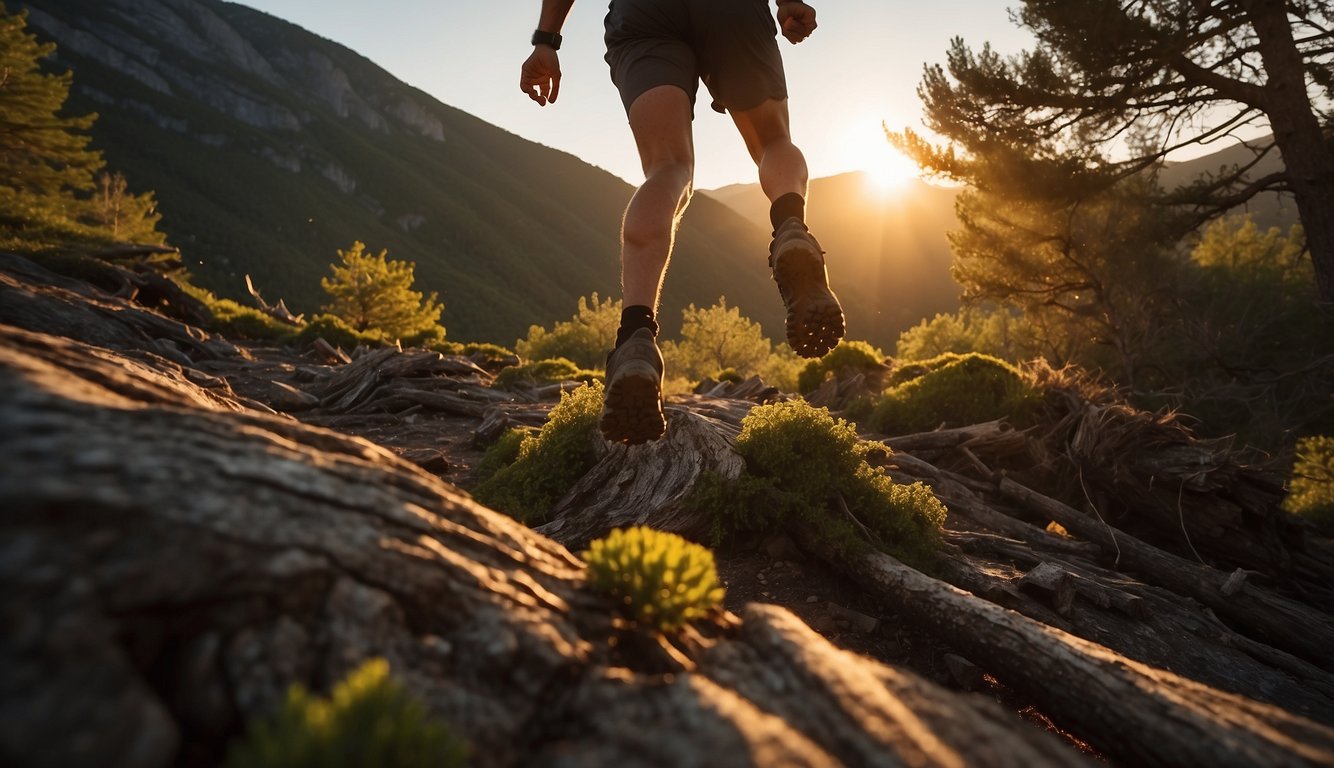 A trail runner navigates rocky terrain, leaping over fallen logs and weaving through trees. The sun sets in the distance, casting a warm glow over the rugged landscape