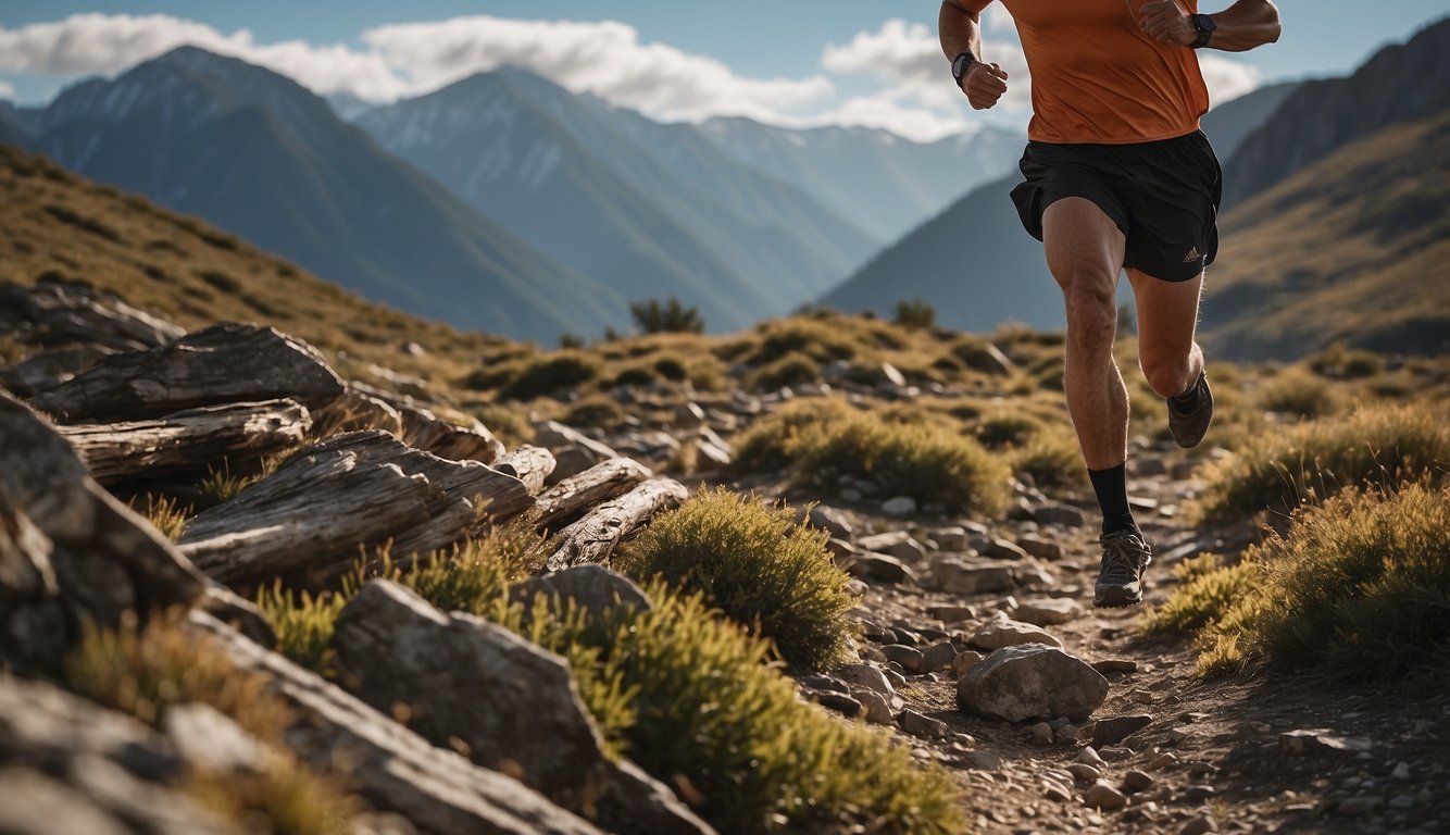 A trail runner runs through rugged terrain, with mountains in the background. They navigate rocky paths and leap over fallen logs, showcasing the physical demands and adventurous spirit of trail running
