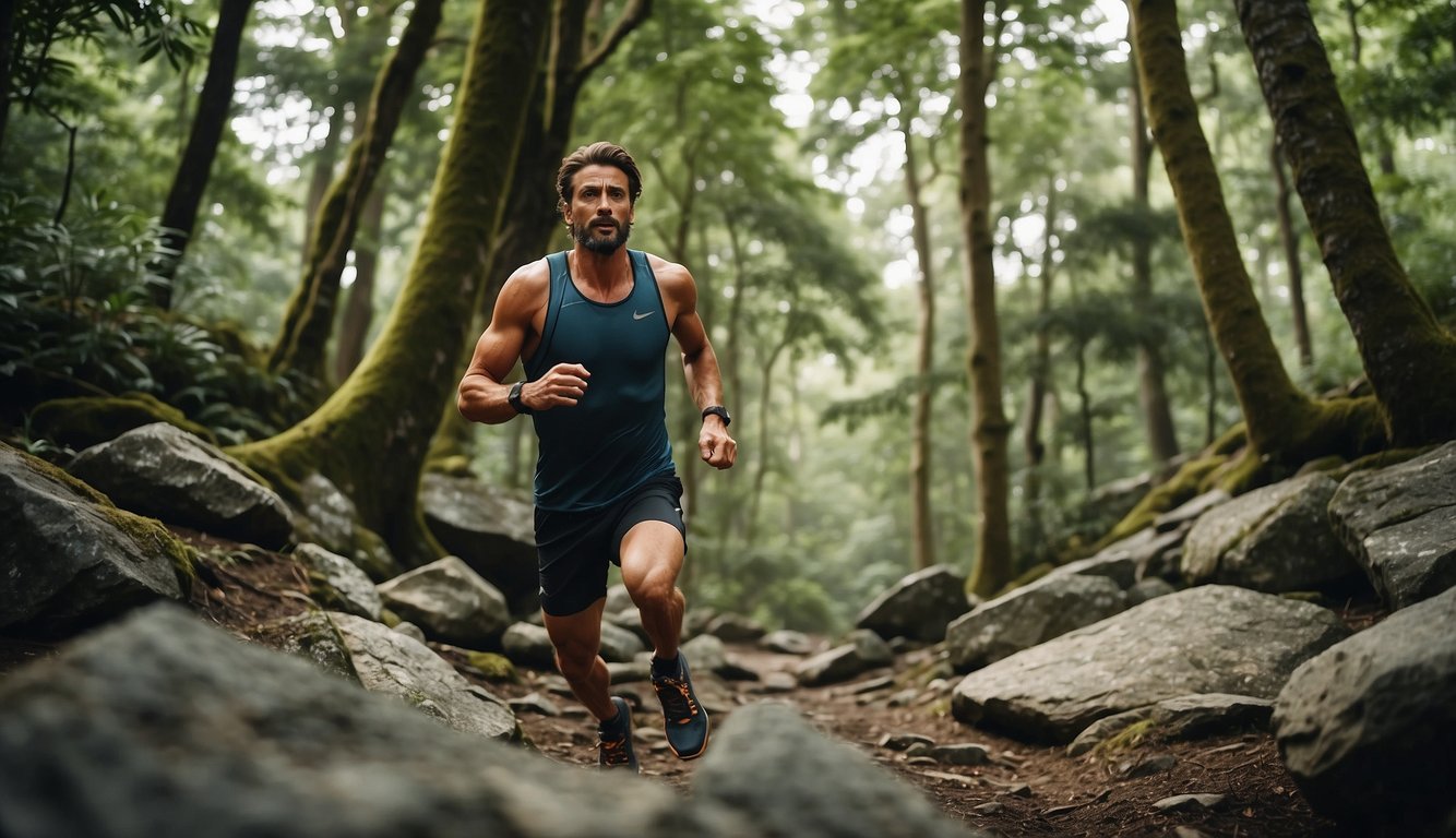 A trail runner navigates rocky terrain, surrounded by lush greenery and towering trees. The athlete's focused expression shows determination, while their body moves with strength and agility