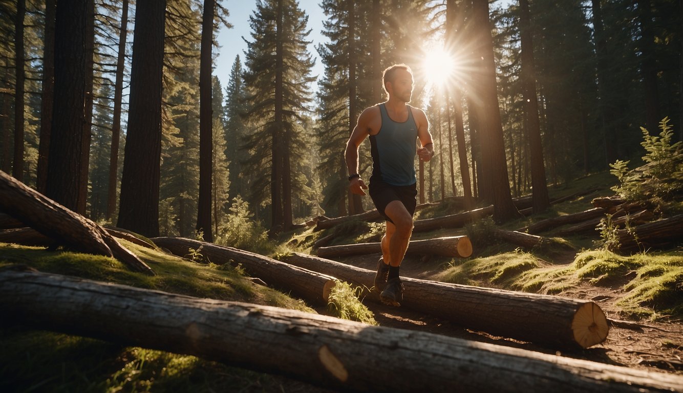 A trail runner navigates through rugged terrain, leaping over fallen logs and weaving between trees. The sun casts dappled shadows across the path as the runner pushes through the challenging landscape