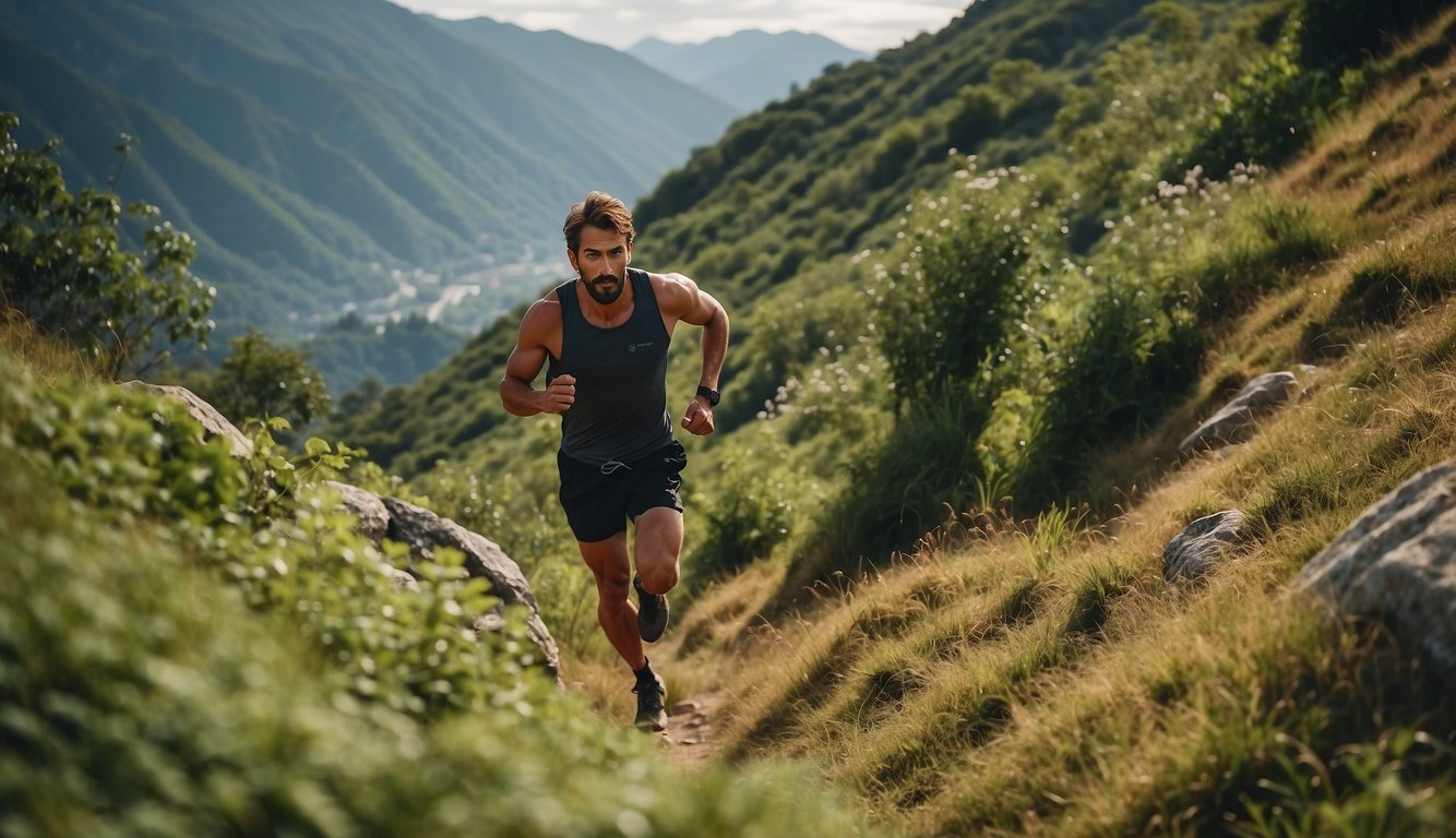 A trail runner sprints up a steep incline, surrounded by lush greenery and rugged terrain, with a determined expression on their face