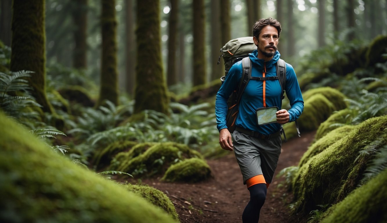 A trail runner navigates through a lush forest, equipped with a map and compass. They carry a water bottle and wear a backpack with essential safety gear. The trail is marked with clear signage