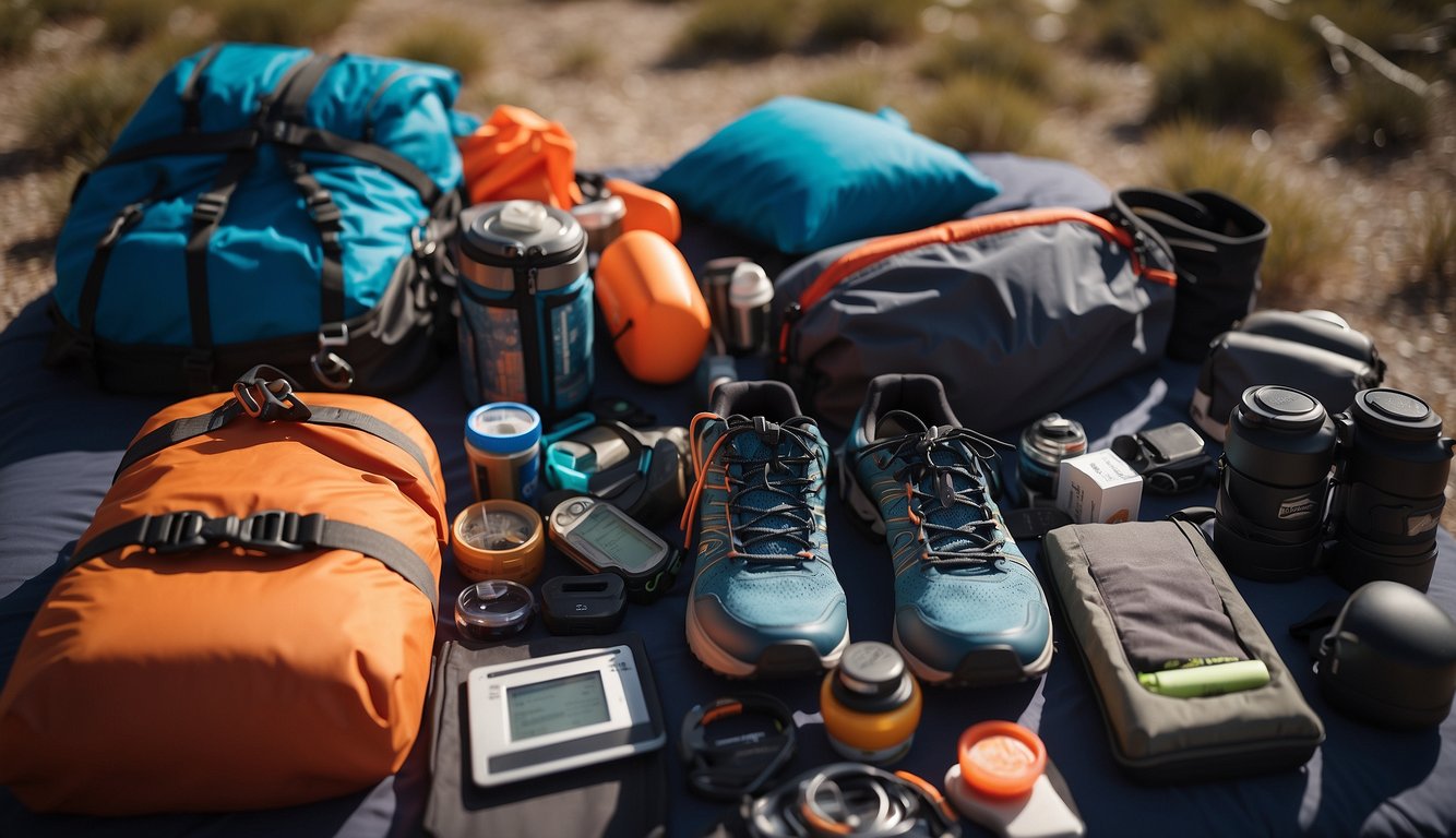 A trail runner's gear and supplies laid out on a bed, including running shoes, hydration pack, trail map, and energy snacks. A suitcase is open with clothing neatly folded inside