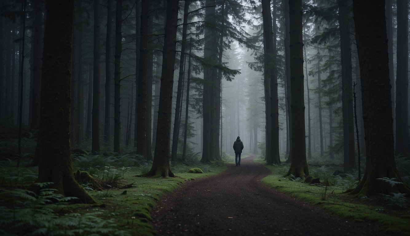 A lone figure stands at the edge of a dark forest trail, looking out into the unknown. The dense trees create a sense of isolation and the winding path suggests the journey ahead