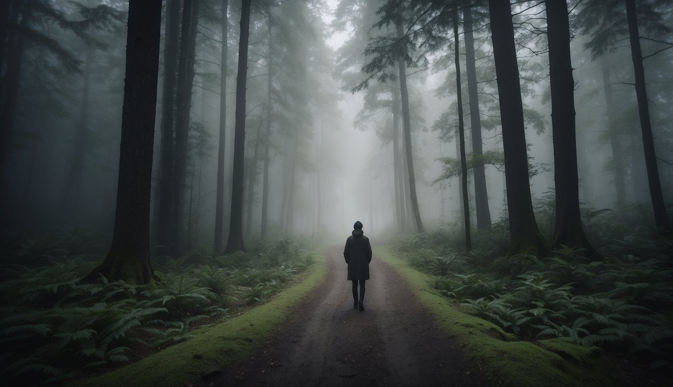 A lone figure stands at a crossroads in a dense forest, surrounded by towering trees. The path ahead is shrouded in mist, evoking a sense of isolation and uncertainty