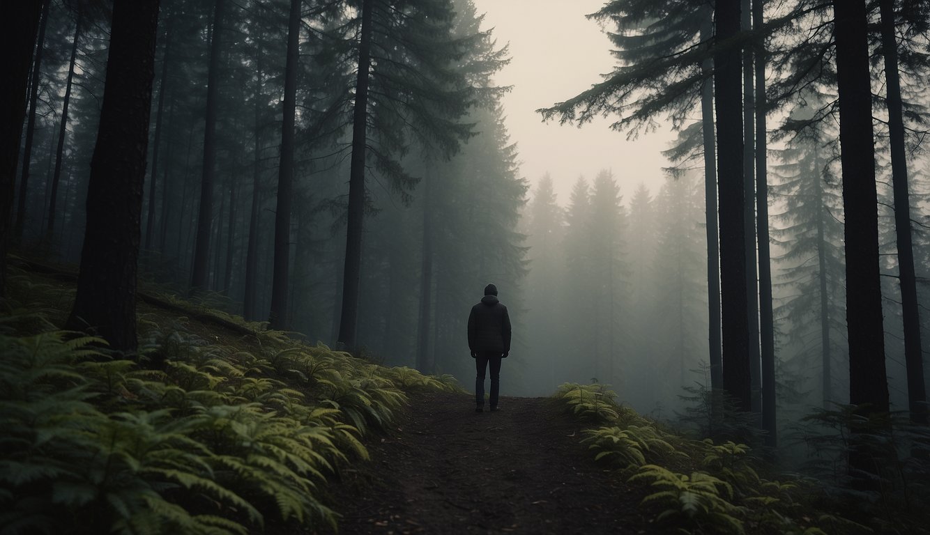 A lone figure stands at the edge of a dark forest, looking out at a winding trail disappearing into the trees. The atmosphere is heavy with isolation and uncertainty, conveying the fear and anxiety of facing the unknown