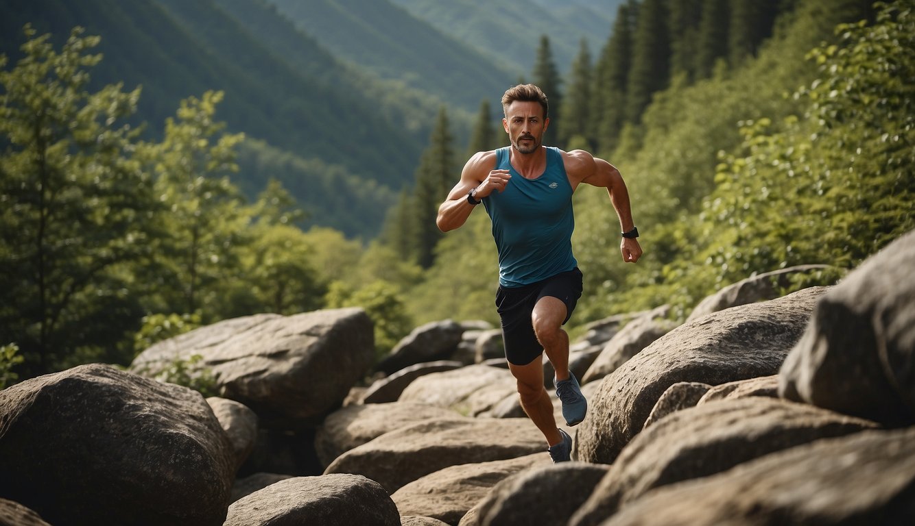 A runner navigates rocky terrain, leaping between boulders and balancing on narrow logs, surrounded by lush forest and steep hills