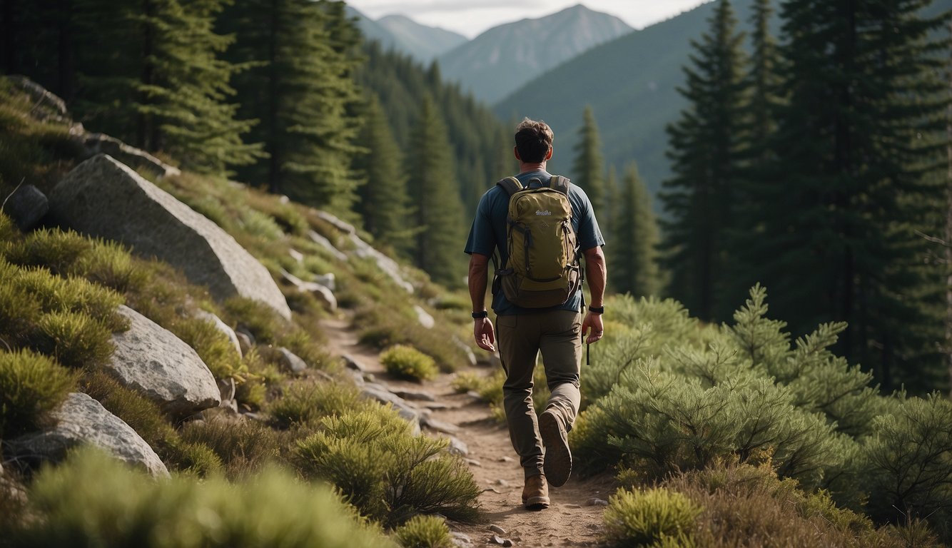 A hiker confidently navigates a rugged trail, surrounded by towering trees and distant mountains, showcasing resilience and determination in the face of injury-related anxiety