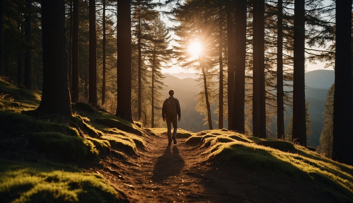 A lone figure stands atop a rugged trail, surrounded by towering trees. The sun sets in the distance, casting long shadows. The figure appears calm and determined, showing resilience in the face of fear