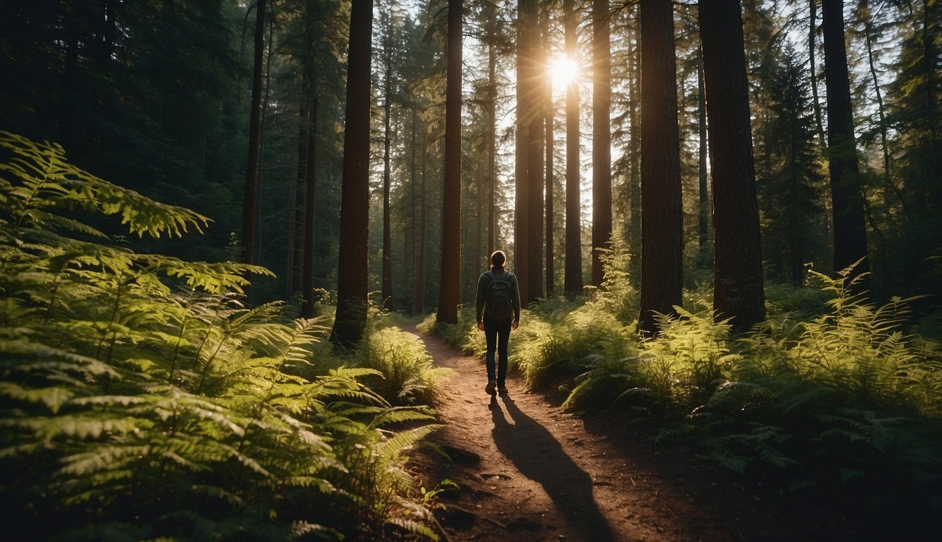 A person stands at the edge of a forest trail, surrounded by tall trees and dappled sunlight. The trail disappears into the distance, evoking a sense of isolation and uncertainty