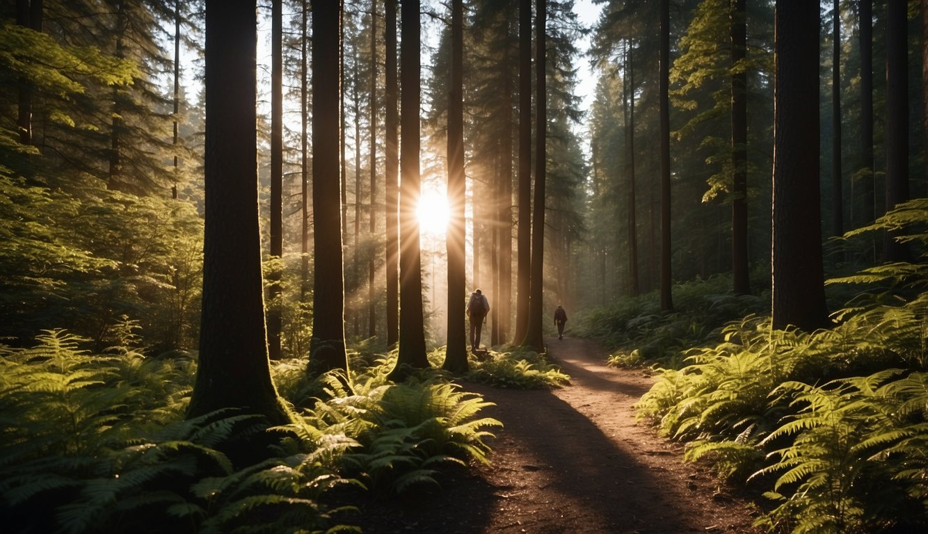 A hiker stands at a crossroads in a dense forest, surrounded by towering trees and a winding trail. The sun peeks through the canopy, casting dappled light on the path ahead