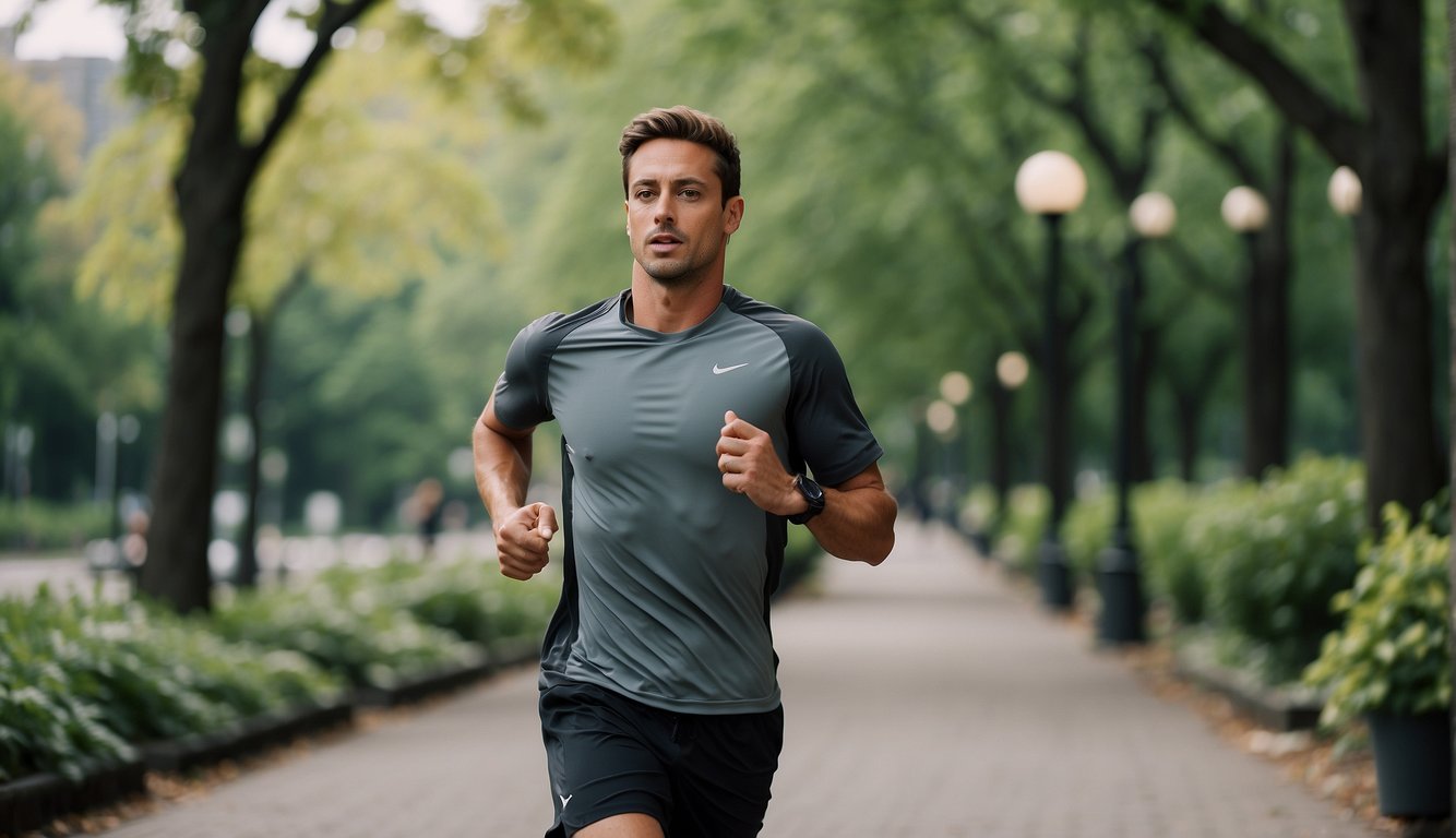 A runner navigates through a bustling city park, surrounded by towering buildings and concrete paths. Lush greenery and trees provide a natural escape amidst the urban landscape