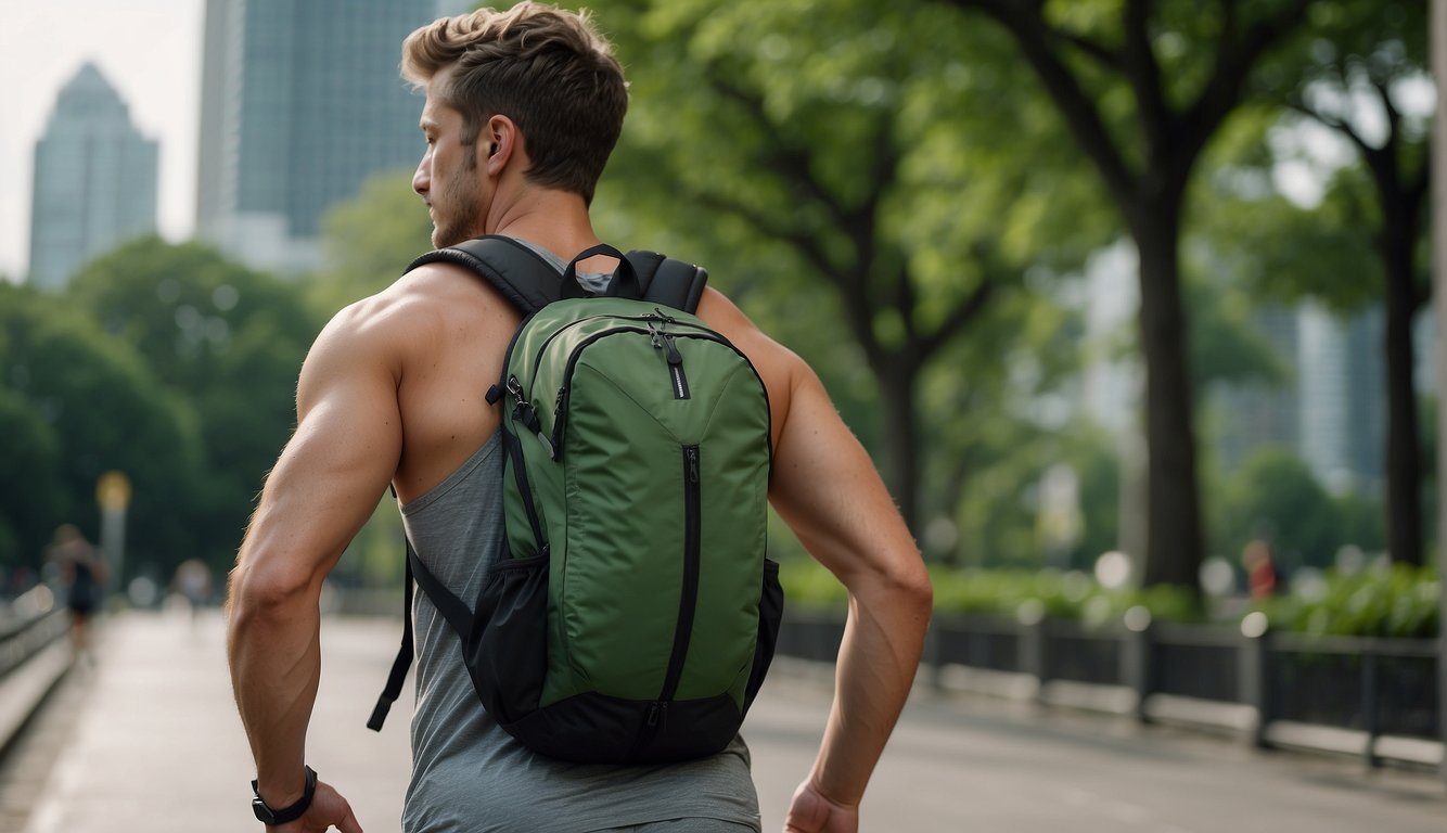 A runner with headphones navigates through a city park, surrounded by skyscrapers and greenery. A trail map and smartphone are visible in their backpack