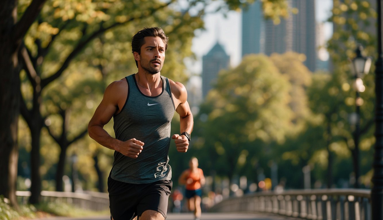 A runner navigates through a bustling urban park, surrounded by tall buildings and city noise. They weave through trees and over bridges, finding moments of tranquility in the midst of the urban chaos