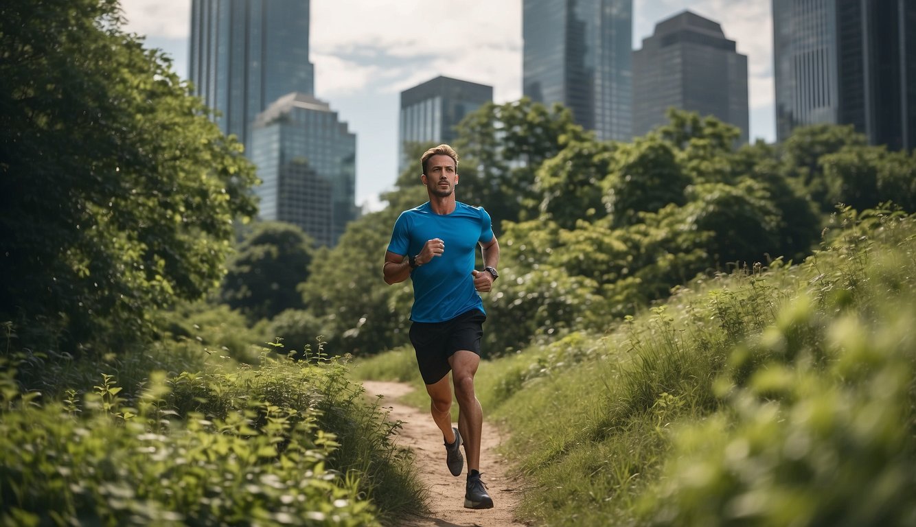A runner navigating rugged terrain in a city park, with skyscrapers in the background and lush greenery surrounding the trail