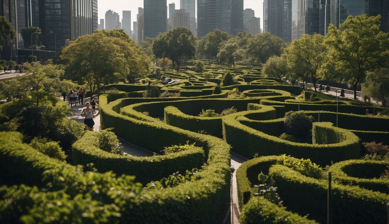A runner weaves through a maze of city streets, surrounded by tall buildings and bustling traffic. In the distance, a green oasis of trees and a winding trail offer a serene escape from the urban chaos