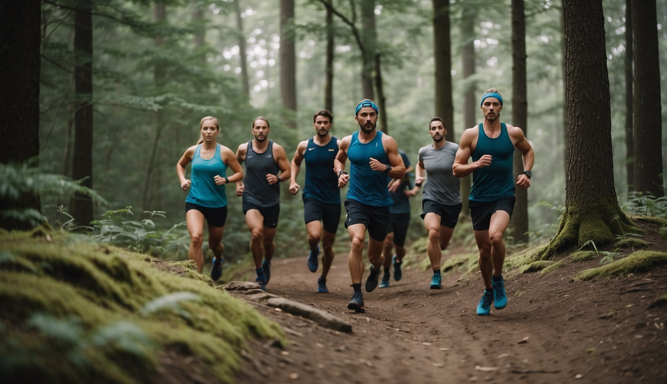 A group of trail runners engage in cross-training exercises, focusing on integration and routine development. They work on strength and agility, preparing for their next trail running adventure