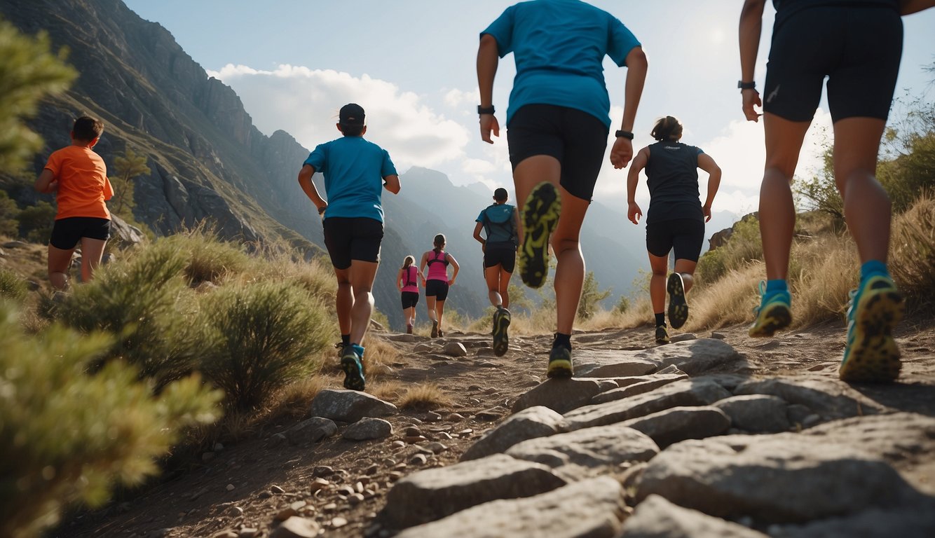 Trail runners navigate steep hills and rocky paths at a running camp. Coaches lead group activities and provide training focus