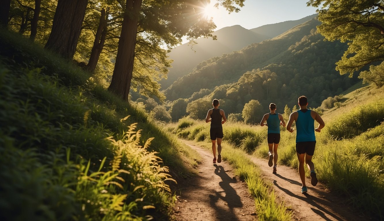 Runners traverse scenic trails, passing through lush forests and rolling hills. The sun casts a warm glow on the landscape, highlighting the beauty of the regional highlights