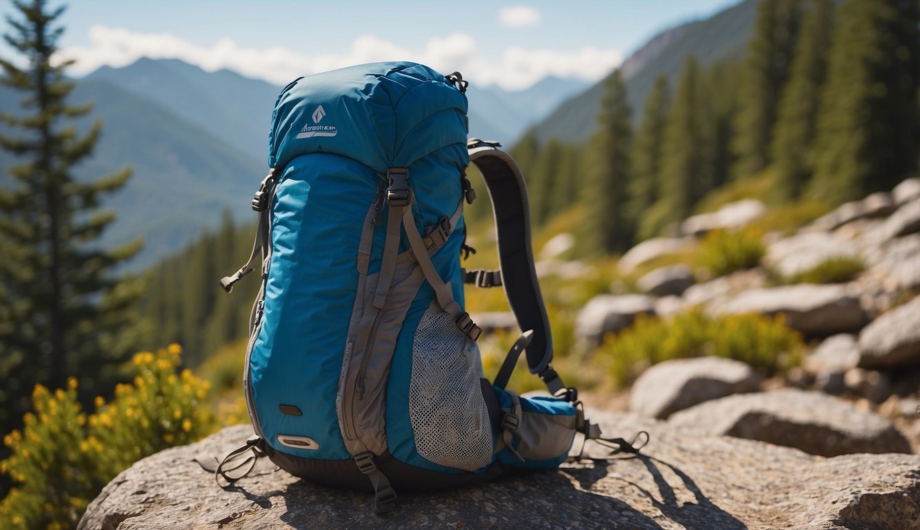 A trail runner's backpack with energy gels, bars, and hydration pack on a rocky trail with trees and mountains in the background