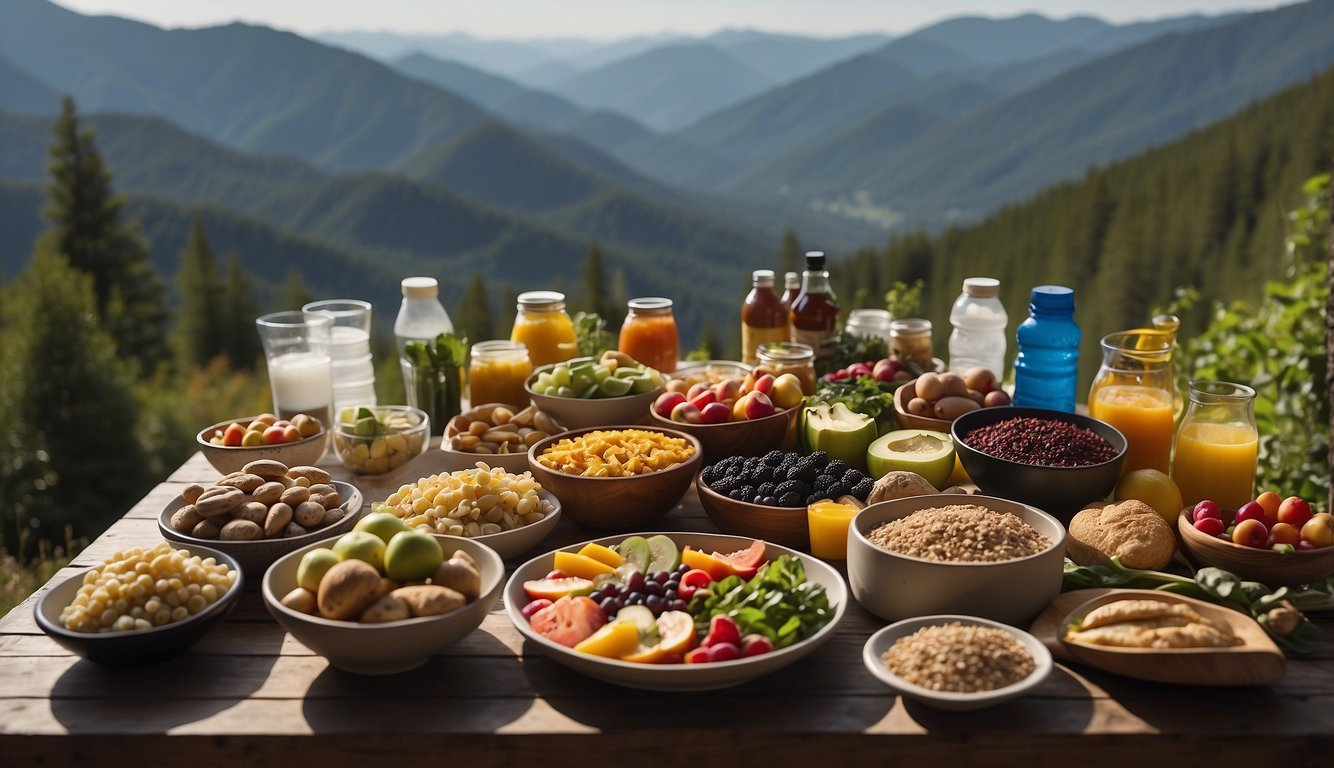 A table with a variety of nutrient-dense foods and hydration options laid out, surrounded by trail running gear and a scenic backdrop of mountains and forests