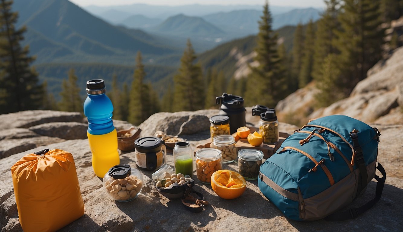 A trail runner's pack with water bottle, energy gels, and snacks on a rocky trail with trees and mountains in the background