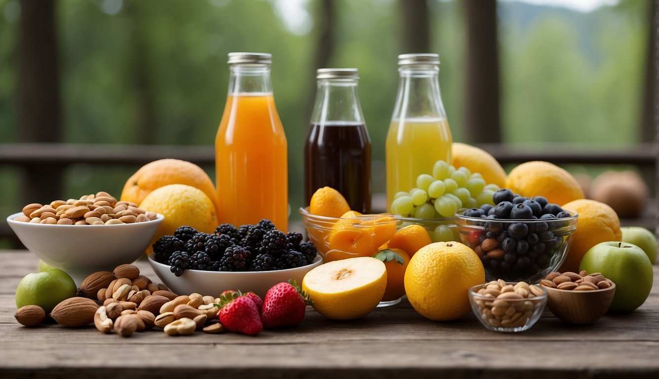 A table with a variety of nutrient-rich foods and drinks, such as fruits, nuts, water, and electrolyte drinks, set against a backdrop of a scenic trail