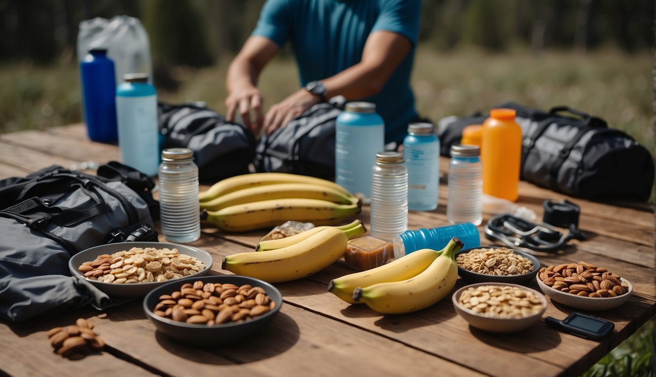 Trail runners lay out water bottles, energy gels, and electrolyte drinks on a table. They pack bananas, nuts, and granola bars into their backpacks