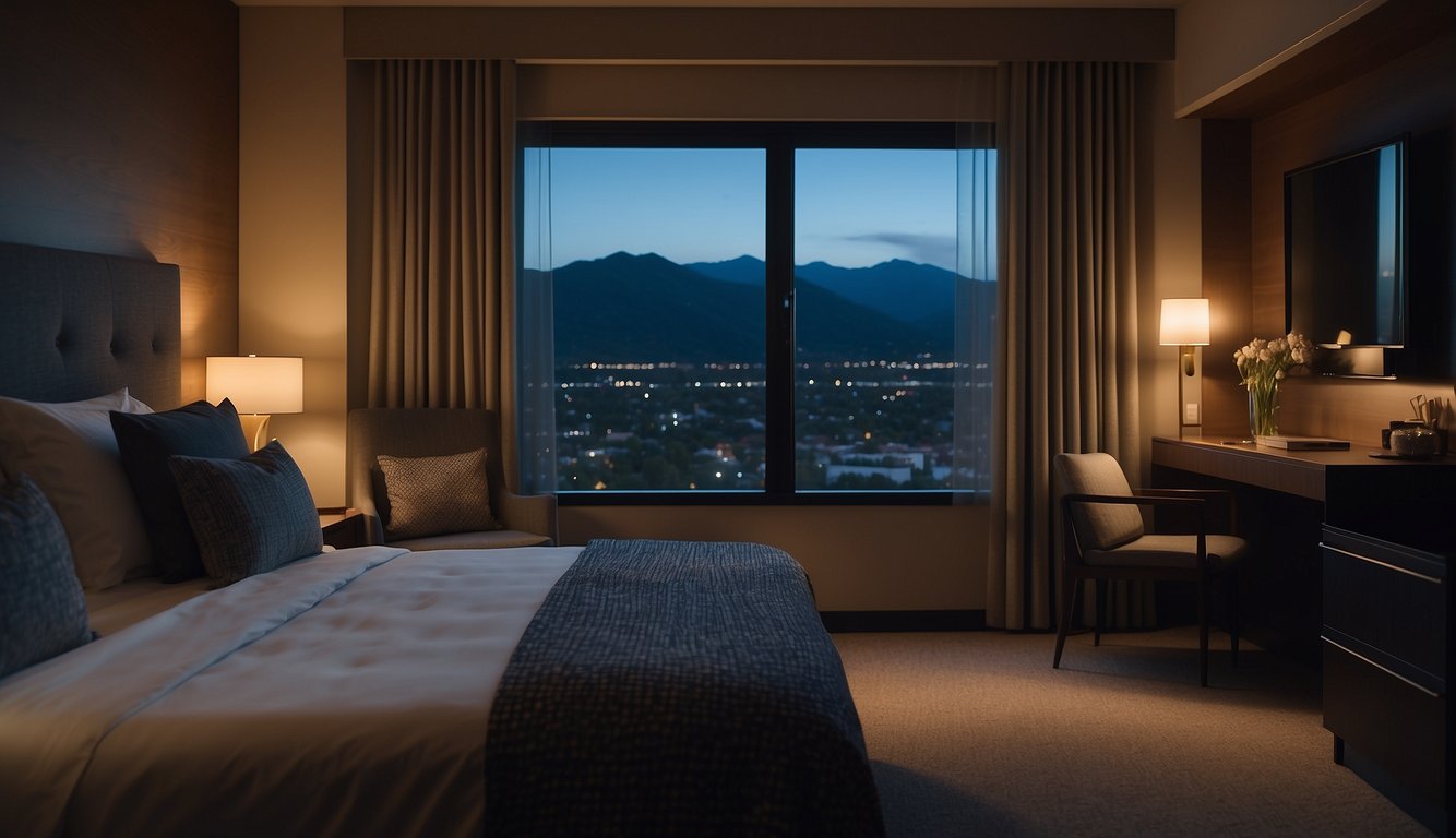 A cozy hotel room with dim lighting, a comfortable bed with soft, supportive pillows, and blackout curtains to create a peaceful environment for restorative sleep after a long run
