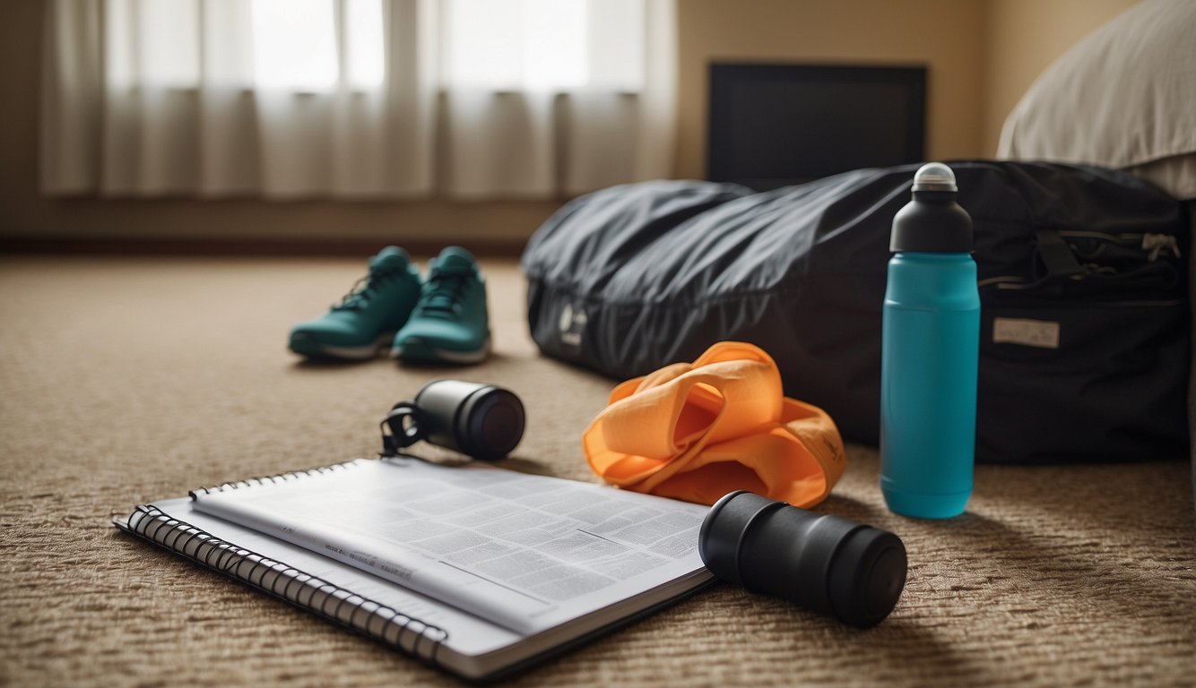 A runner's gear scattered on a hotel room floor, with a foam roller and water bottle nearby. A map of the city and a notebook with recovery tips sit on the bed