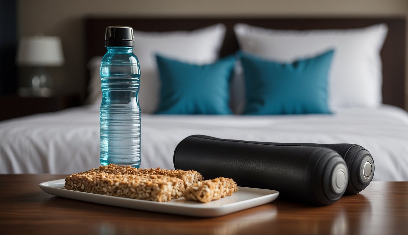 A water bottle and protein bar on a hotel room table, next to a pair of running shoes and a foam roller. A map of the city hangs on the wall