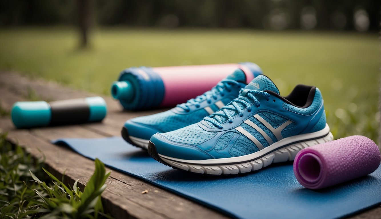 A pair of running shoes placed next to a foam roller and a cooling gel pack on a yoga mat, emphasizing the importance of proper footwear in post-run recovery