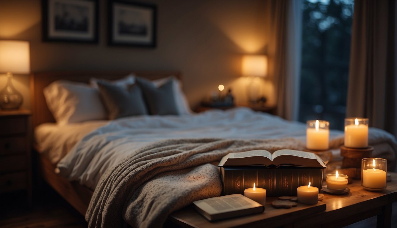 A cozy bed with a soft pillow and a warm blanket, surrounded by calming elements like a dim lamp and a book, symbolizing the importance of sleep in physical recovery