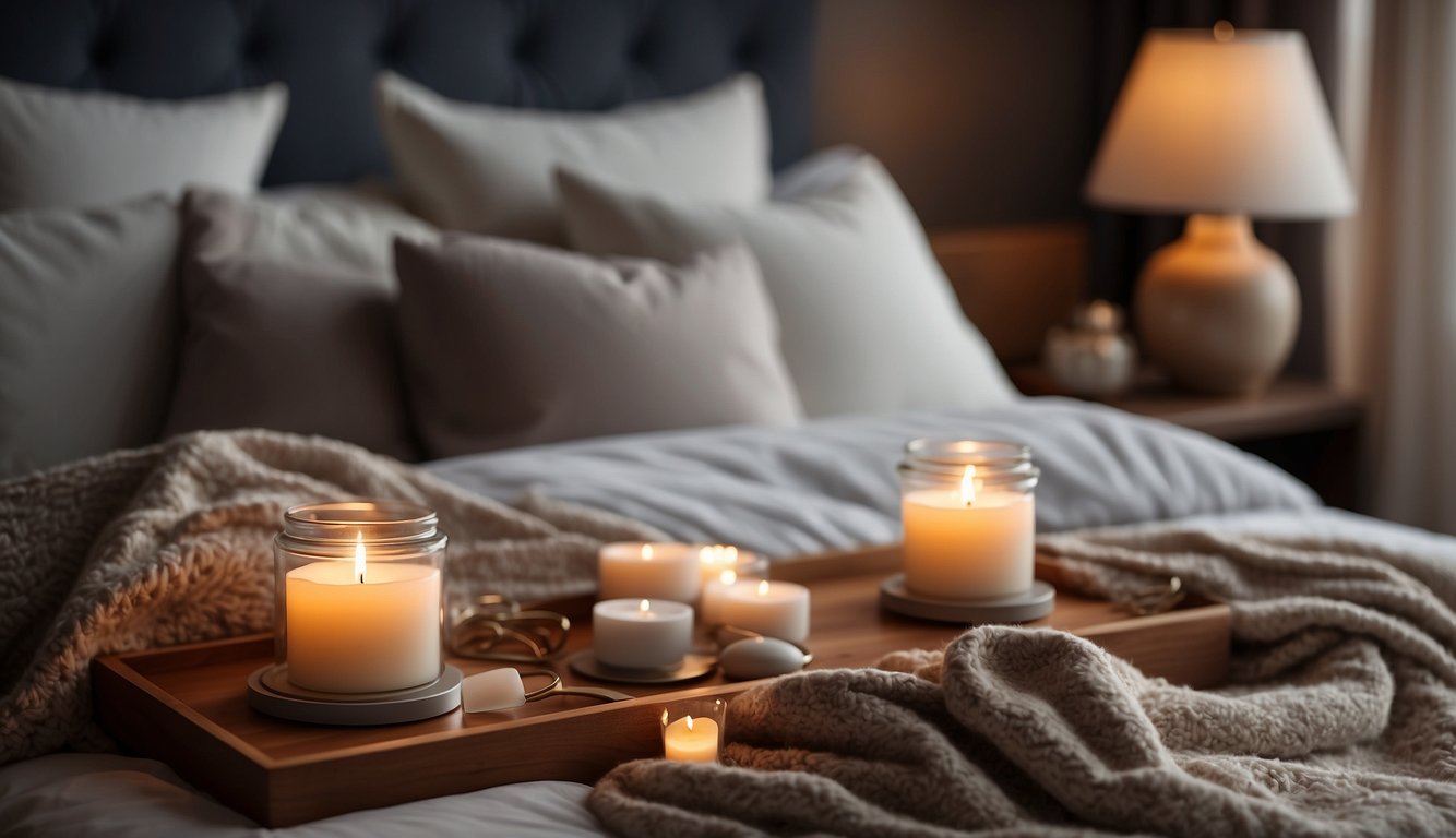 A cozy bed with soft pillows and a warm blanket, surrounded by calming elements like a dimmed lamp and a soothing aroma diffuser