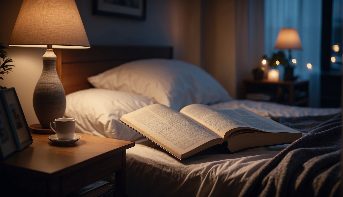 A runner lying in bed, surrounded by pillows and a cozy blanket, with a book on the nightstand. The room is dimly lit, creating a peaceful and restful atmosphere