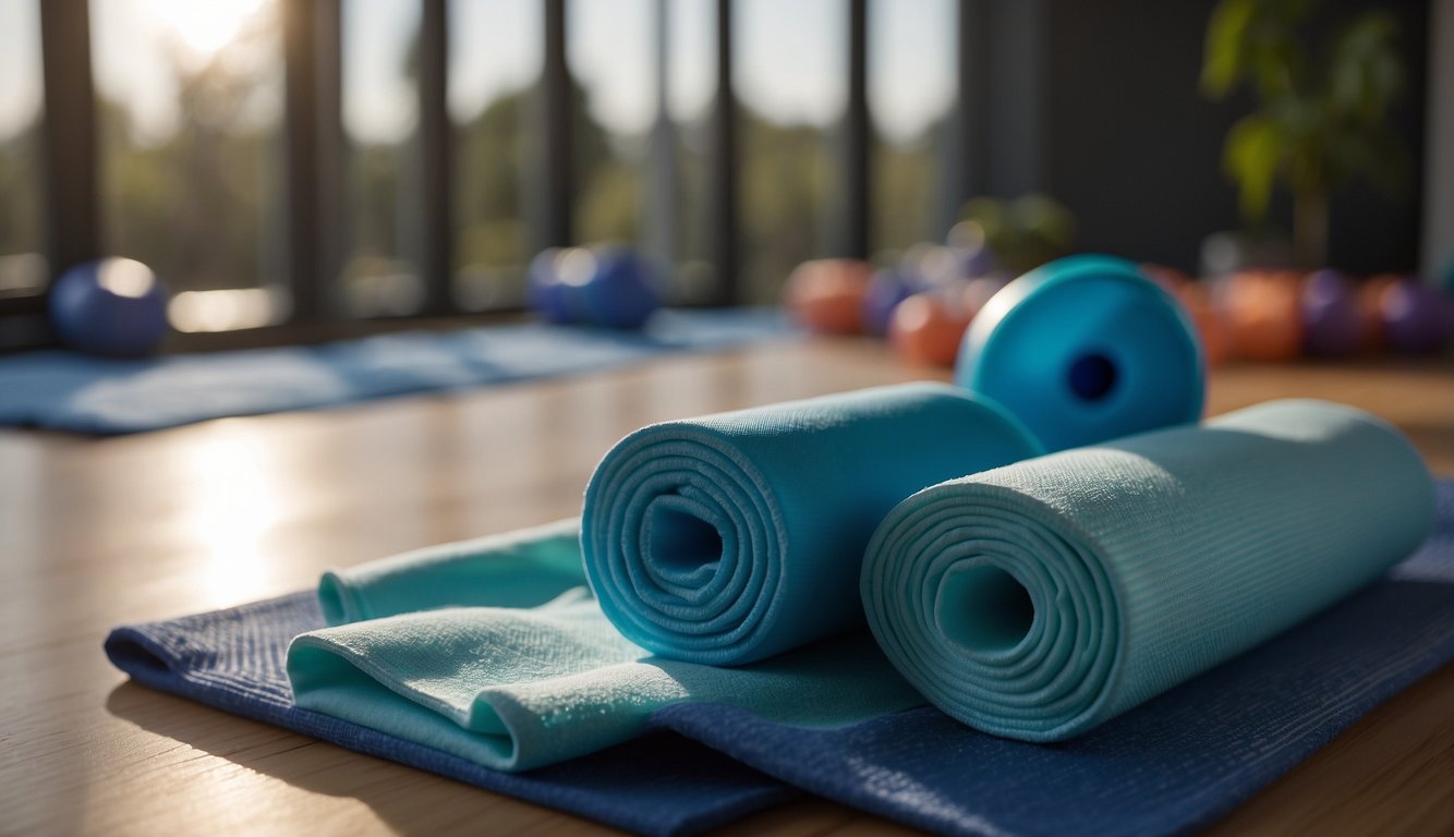A runner stretches on a yoga mat, surrounded by foam rollers and resistance bands. A water bottle and towel sit nearby