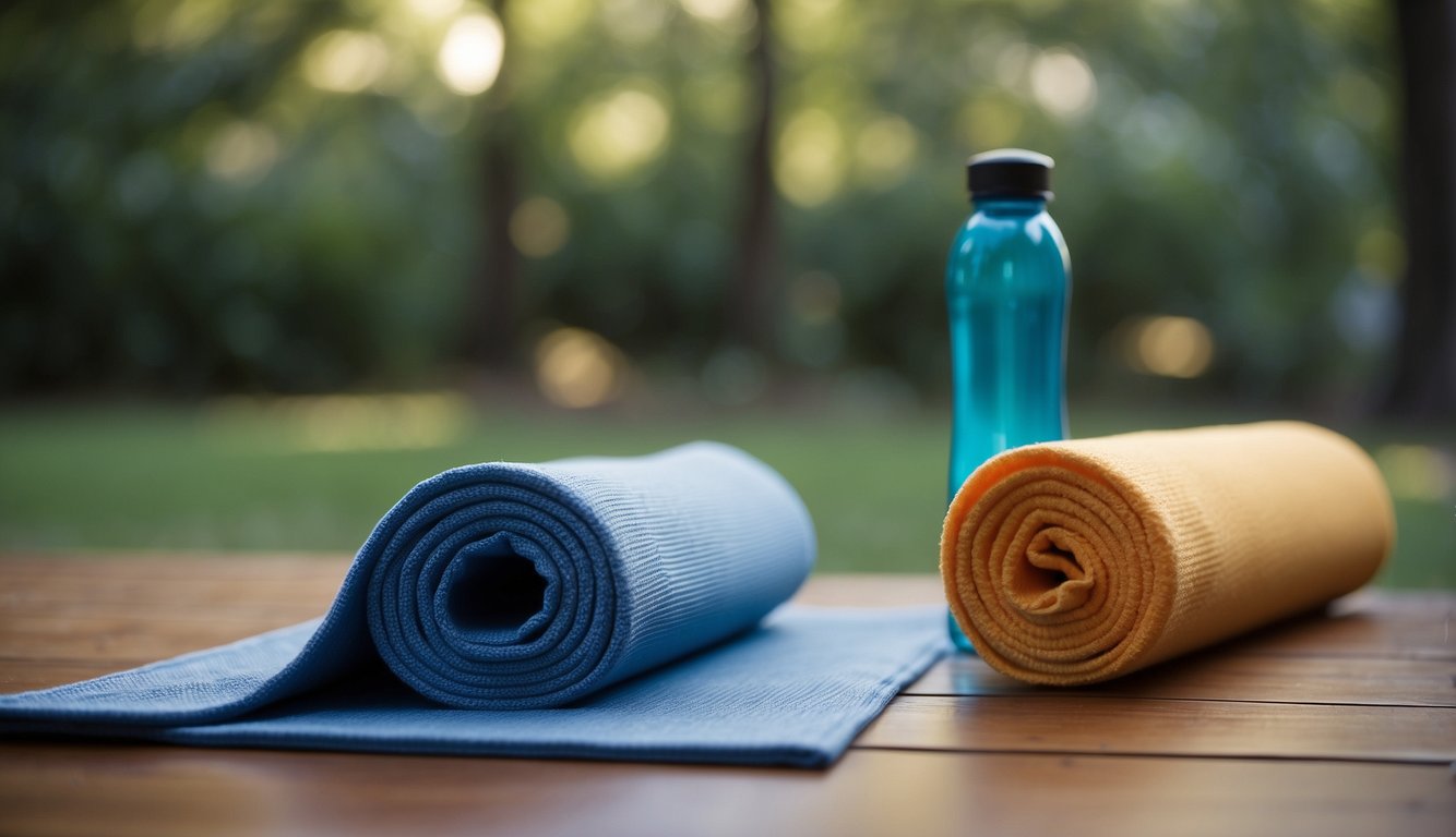 A figure stretches on a yoga mat, focusing on hip flexibility. Nearby, a water bottle and towel signal a post-run cool down
